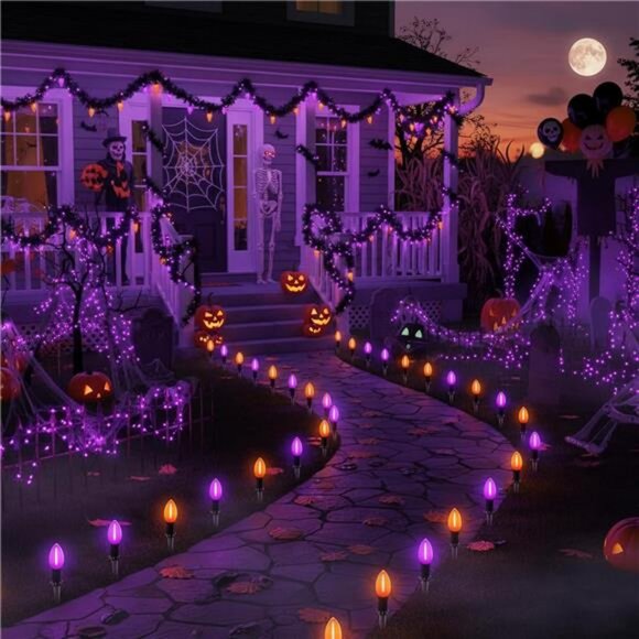 Halloween Pathway Lights, 10 Pack C9 LED Stake Lights with Purple & Orange - Picture 5 of 8